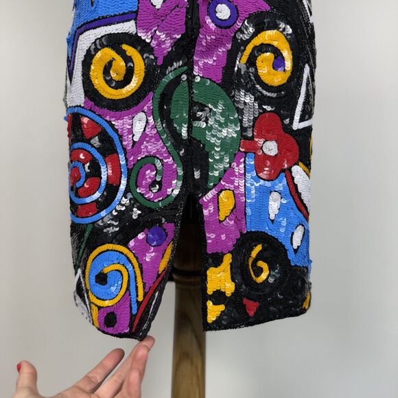 Vintage 80s Laurence Kazar Silk Beaded Sequin Dress | Abstract Geometric Sheath - Picture 11 of 14